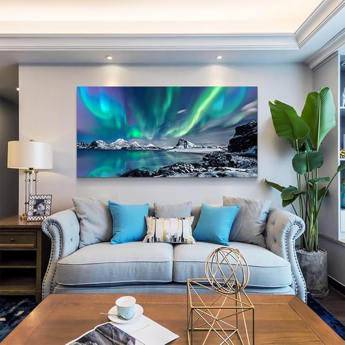 Wapluam Large Canvas Wall Art For Living Room Decorations For Bedroom Office Wall Decor Blue Aurora Scenery Painting On Stretched And Framed Wall Pictures Ready To Hang For Home Decor 24X48in