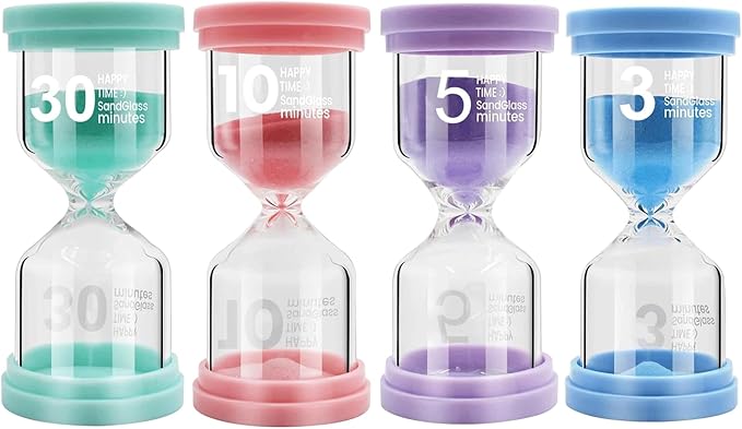 Sand Timer for Kids 4 Pack Colorful Hourglass 3min, 5mins, 10mins, 30mins Sand Clock Timer for Classroom, Games and Kids Room