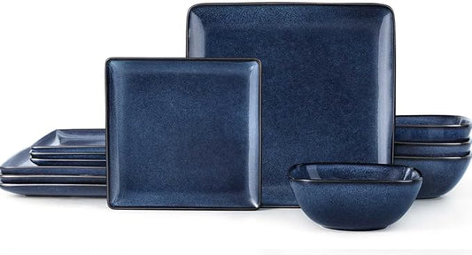 Herogo 12 Pieces Square Stoneware Dinnerware Set, Service for 4, Dinner Plates and Bowls Sets, Double Reactive Glaze Dishes Set for Kitchen, Scratch Resistant, Dishwasher Safe, Starry Blue