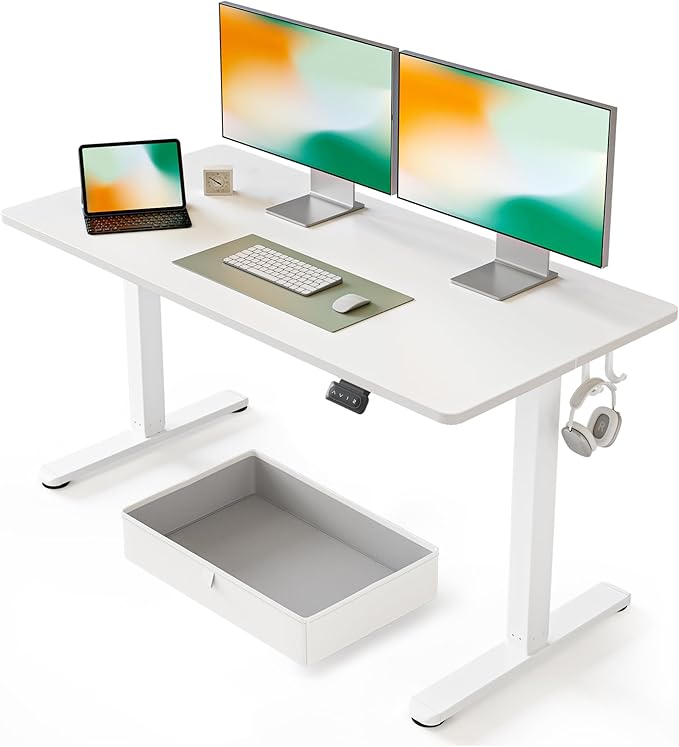 FEZIBO 63 x 24 Inches Standing Desk with Drawer, Adjustable Height Electric Stand up Desk with Storage, Sit Stand Home Office Desk, Ergonomic Computer Desk, White
