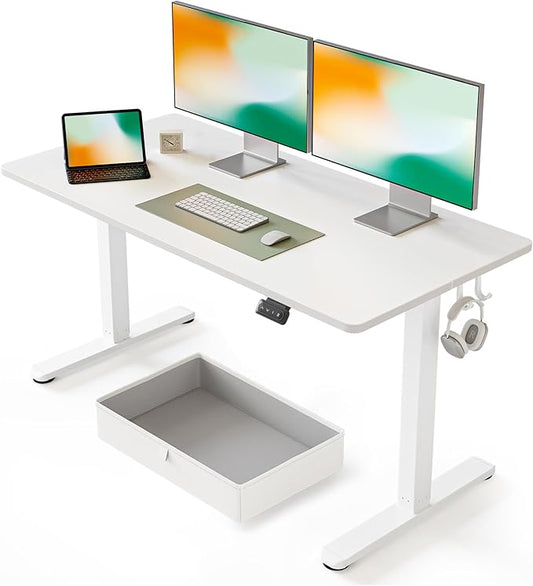FEZIBO 63 x 24 Inches Standing Desk with Drawer, Adjustable Height Electric Stand up Desk with Storage, Sit Stand Home Office Desk, Ergonomic Computer Desk, White