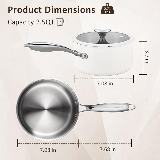 2.5 Quart Tri-ply Stainless Steel Saucepan with Glass Lid, Induction Sauce Pan Compatible with All Cooktops, Non-Toxic Sauce Pot with Stay Cool Handle, Oven & Dishwasher Safe