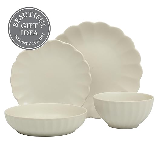Gibson Elite Malibu Shore 16 Piece Scallop Stoneware Reactive Glaze (Service for 4) Ceramic Plates and Bowls Dinnerware Set - Cream White