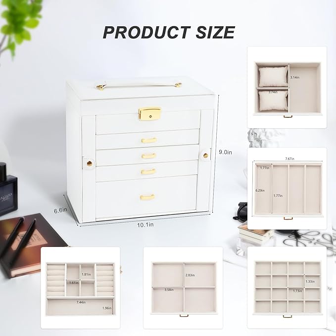 Jewelry Box for Women, 5-Layer Jewelry Organizers Box, Large Jewelry Storage Box for Girls, Jewelry Holder Organizers Gift for Valentine's Day, Christmas, New Year (White)