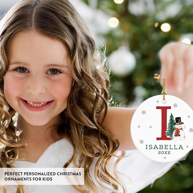 Andaz Press Personalized Ornament, Custom Name, Initial I Monogram Snowman 2.8" Ceramic Porcelain 2025 Christmas Ornament Keepsake for Kids, Boys, Girls, Includes Gold Ribbon & Gift Box, 1-Pack