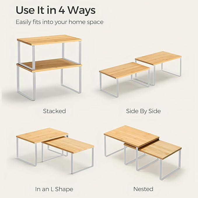 2 Pack Cabinet Organizer Shelves, Stackable and Expandable Kitchen Counter Shelf, for Kitchen Cabinet Countertop Storage, Spice Rack, Metal and Premium Bamboo (White, 11.7" W)