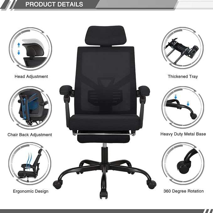 Qulomvs Mesh Ergonomic Office Chair with Footrest Home Office Desk Chair with Headrest and Backrest 90-135 Adjustable Computer Executive Desk Chair with Wheels 360 Swivel Task Chair