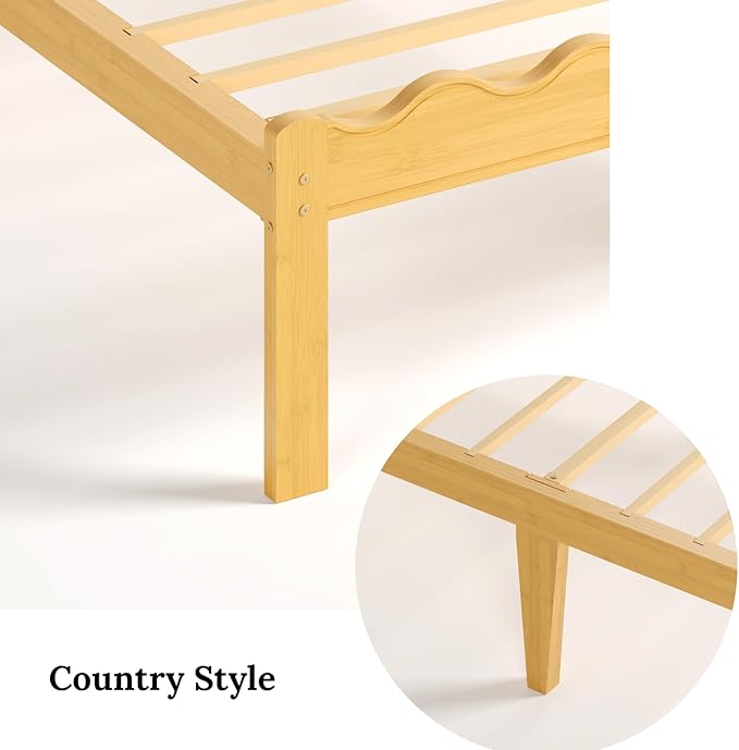 Bamboo Twin Bed Frame with Headboard, 14 inch Solid Wood Platform Bed Frames Twin Size with Metal Slats, No Box Spring Needed, Easy Assembly, Noise Free