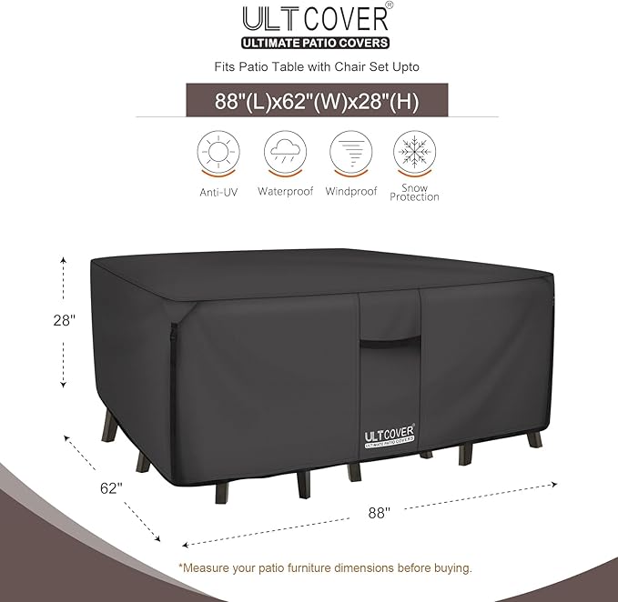 ULTCOVER 600D Tough Canvas Heavy Duty Rectangular Patio Table and Chair Cover - Waterproof Outdoor General Purpose Furniture Covers 88Lx62Wx28H inch, Black