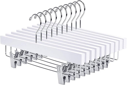 Nature Smile Wooden Pants Hangers Wood Bottom Jeans Skirt Hanger with Clips Anti Rust Hook Pack of 10 (White)