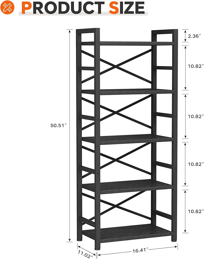 Homeiju Organization and Storage,Tall Bookcase with Shelves, Wood and Metal Book Shelf Storage Organizer, Industrial Display Standing Shelf Unit for Bedroom, Living Room, Black