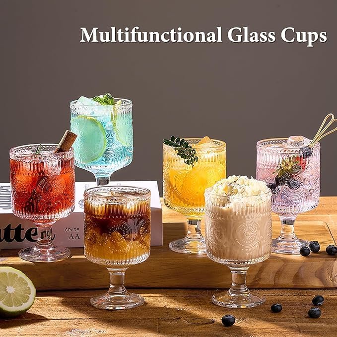 6 Packs Vintage Goblet Glasses Handcrafted Art Deco Crystal Goblets 8 oz Wine Glasses Drinking Goblets Bar Tumbler Glassware for Iced Tea, Wine, Beer, Juice, Cocktail, Whiskey