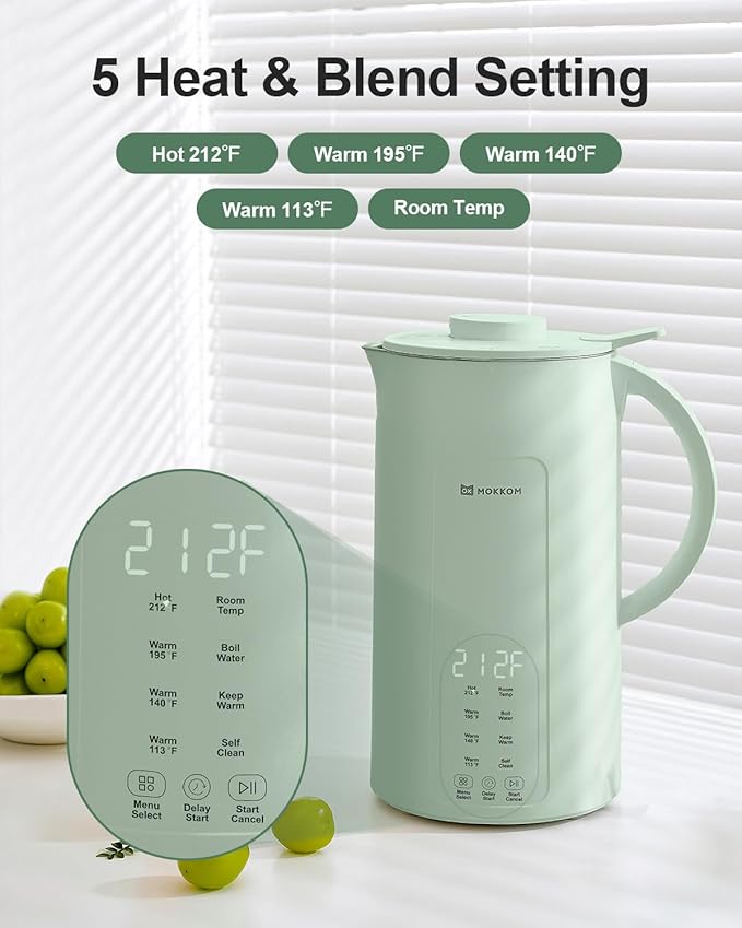 MOKKOM Nut Milk Maker, 42oz Automatic Almond Milk Machine for Homemade Plant-Based Milk, Oats, Soy, Dairy Free Beverages, Soy Milk Maker with Delay Start/Keep Warm/Self-Cleaning/Boiling, Green