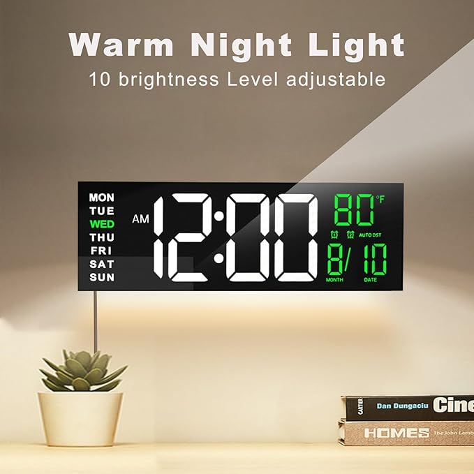 JALL 16" Large Digital Wall Mount Clock, Count Down Timer, Alarm, Big LED, RGB Color, DST, Temperature for Living Room Classroom Desk, Xmas, Birthday Gift for Senior Mom Dad (White Green, 16 inches)