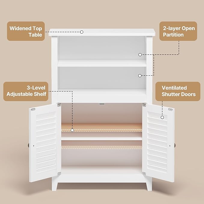 Gizoon Bathroom Floor Cabinet with Widened Top Table, Freestanding Storage Cabinet with Adjustable Shelf, 2 Shutter Doors and Concealed Hinges, for Living Room, Entryway, Kitchen, White