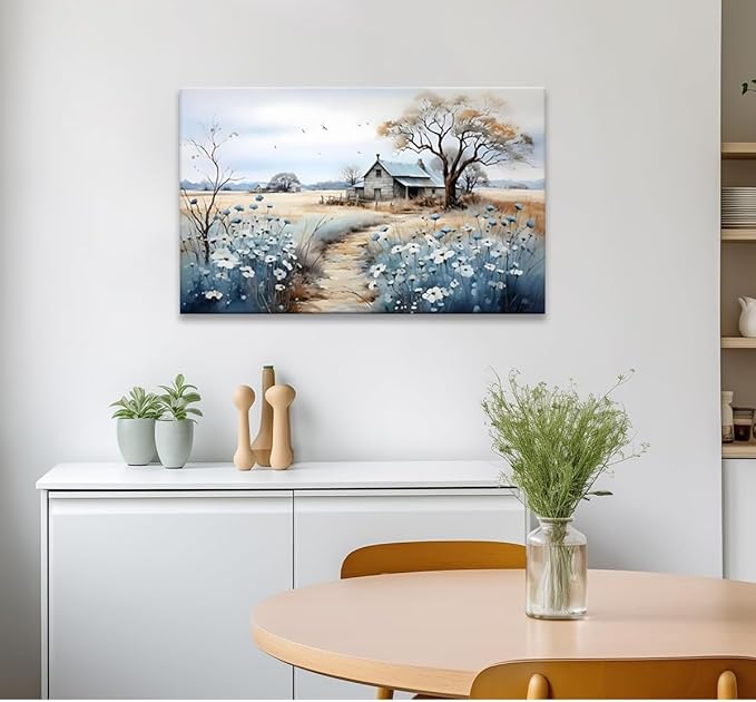 CYULWNNO Rustic Farmhouse Wall Art Beautiful Field Painting Pictures Decor Wildflower Barn Canvas Prints Nature Scenery French Countryside Poster for Bathroom Bedroom Living Room Wall Decor 12x16in Framed