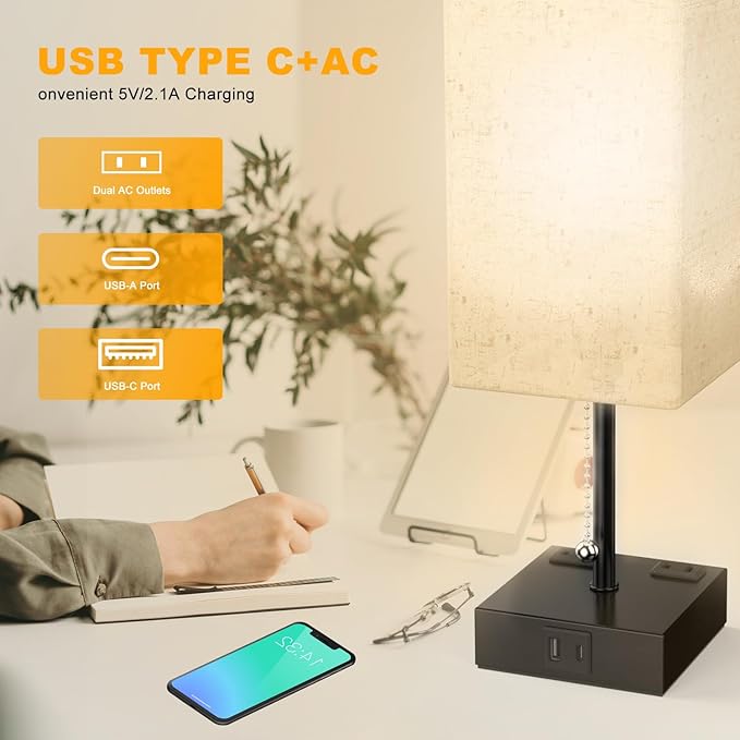 Table Lamp for Bedroom with USB,Bedside Lamp with USB C+A Charging Ports,Adjustable 3color LED Light for Home Decor/Nightstand/Office,Included Bulb and Fabric Lamp Shade (Linen White, 1PCS)