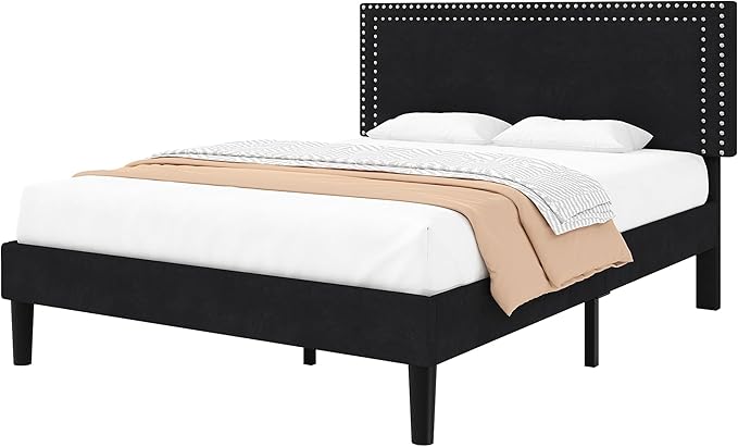VECELO Queen Size Bed Frame with Adjustable Upholstered Headboard, Wooden Slats Platform, Noise-Free Design, No Box Spring Needed, Easy Assembly