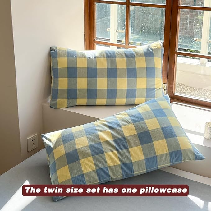 FACE TWO FACE Bedding Duvet Cover Set100% Washed Cotton Duvet Cover Linen Like Textured Breathable Durable Soft Comfy (Twin, Blue Yellow Grid)
