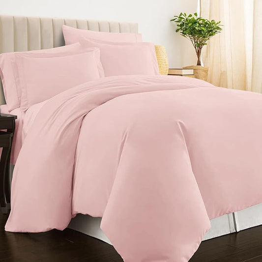 Pizuna Pure 100% Cotton Queen Duvet Cover Set, Luxurious 400 Thread Count Long Staple Cotton Sateen Weave with Button Closure (Combed Light Pink Cotton Duvet Cover Queen)