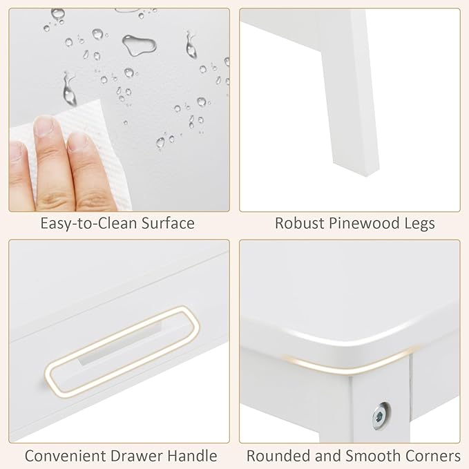 INFANS Table and Chair Set, Toddler Wooden Student Study Desk with Chair Storage Hutch Compartments Drawers for Writing Drawing, Children Furniture for Bedroom School Boys Girls 3+ Years Old (White)