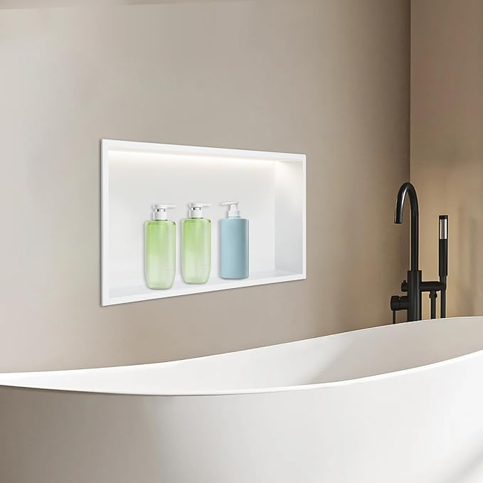 Shower Niche Cabinet, LED Light Shower Ni-Che, 13 x 25 x 4 inch Recessed Wall N-iche with LED Strip, No Tile Need Shower Shelf for Bathroom Recessed Wall Shelf Horizontal Niche, White