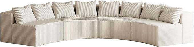 KEIKI Corduroy Curved Sectional Sofa, 4 Seater Symmetrical Modular Semi Circular Couch, Deep Seat Tufted Corner Sofa for Living Room, Lobby, Beige