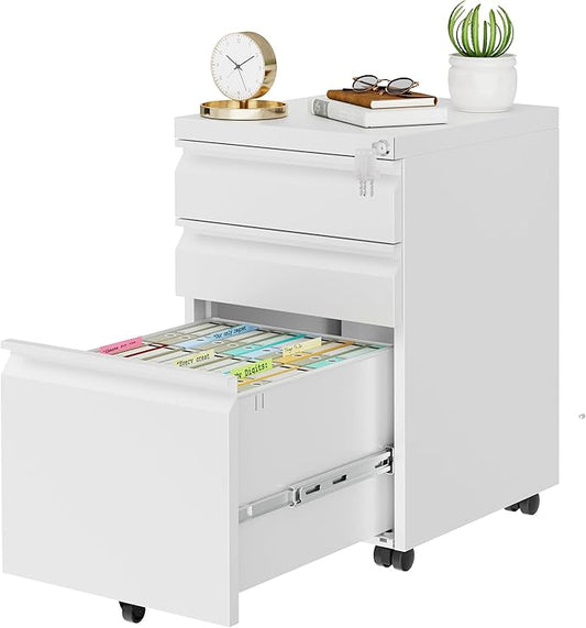 Metal Mobile File Cabinet with Lock and 4 Keys - Fully Assembled, Under Office Desk 3 Drawers Filing Cabinet for Home Office with Anti-tilt Wheels, A4/Legal/Letter Hanging File Drawers