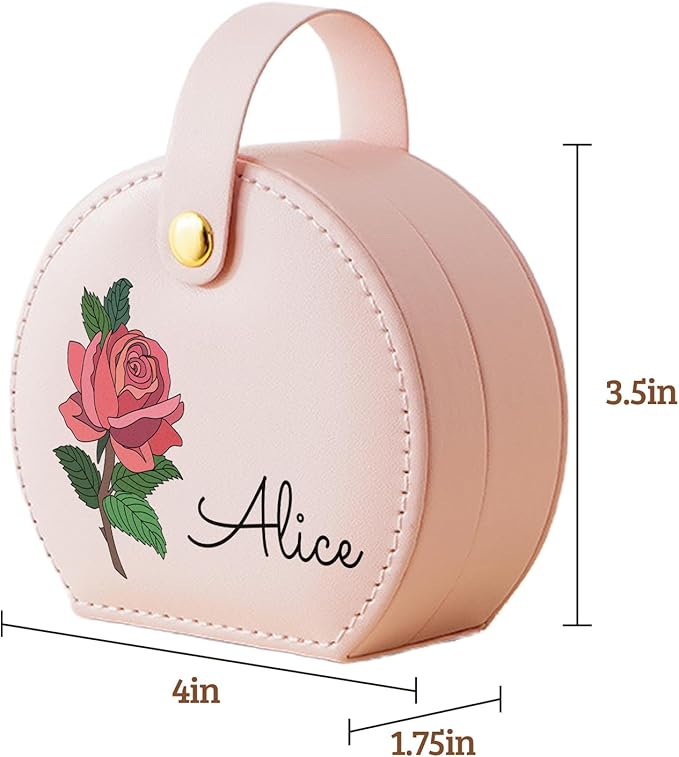 Personalized Travel Jewelry Case, Custom Leather Customized Jewelry Organizer Box w/Name & Birth Flower Month - Birthday Gifts for Women Mom Jewelry Travel Case