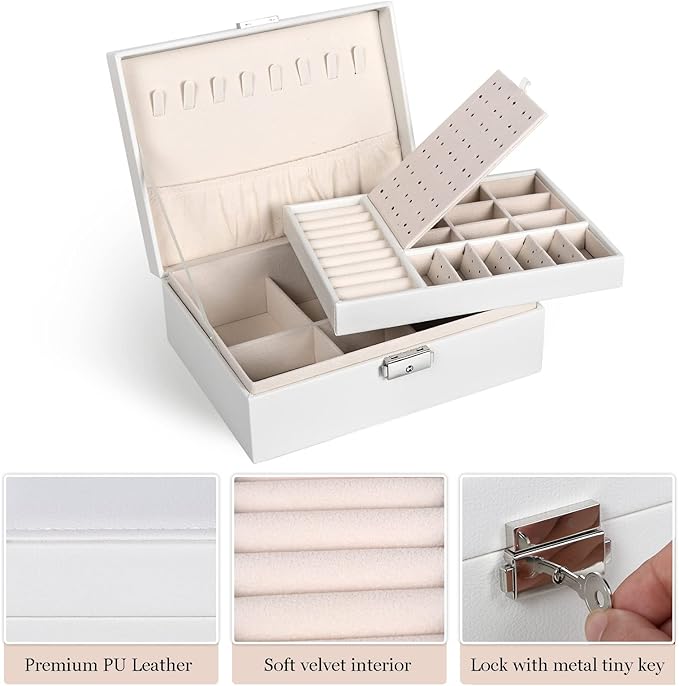 Jewelry Box for Women Girls, 2 Layers Jewelry Organizer Container with Lock, PU Leather Storage Case with Removable Tray, Jewelry Display Box for Necklaces Earrings Bracelets Rings Watches - White