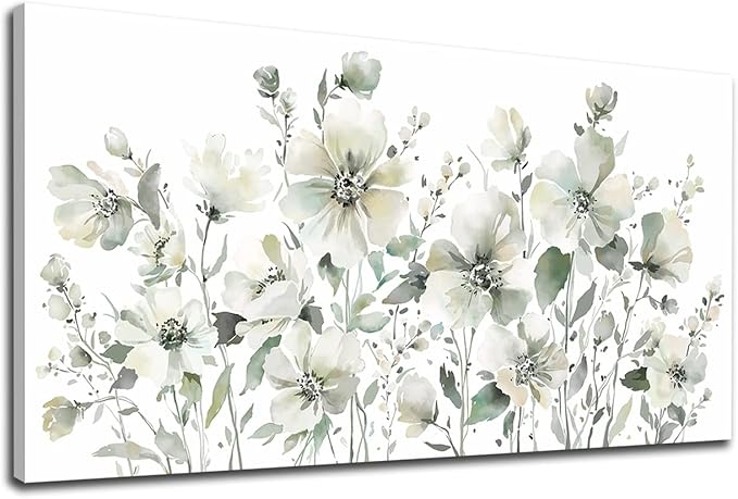 Elegant Flowers Wall Art Abstract Floral Pictures Wall Decor Modern Green Botanical Canvas Painting Flower Blossom Canvas Print Artwork for Living Room Bedroom Office Home Wall Decoration 24" x 48"