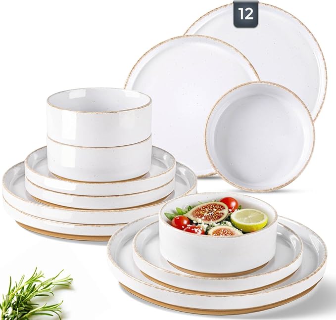 AmorArc Ceramic Dinnerware Sets for 4, 12 Pieces Handpainted Plates and Bowls Set with Rustic Terracotta Underside, Scratch Resistant Stoneware Dishes Set, Dishwasher & Microwave Safe