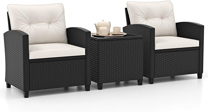 RELAX4LIFE 3-Piece Patio Furniture - Wicker Rattan Bistro Sofa Set w/Glass Top Coffee Table, Washable Cushions for Porch Balcony Backyard Poolside, Outdoor Conversation Set (Off White)