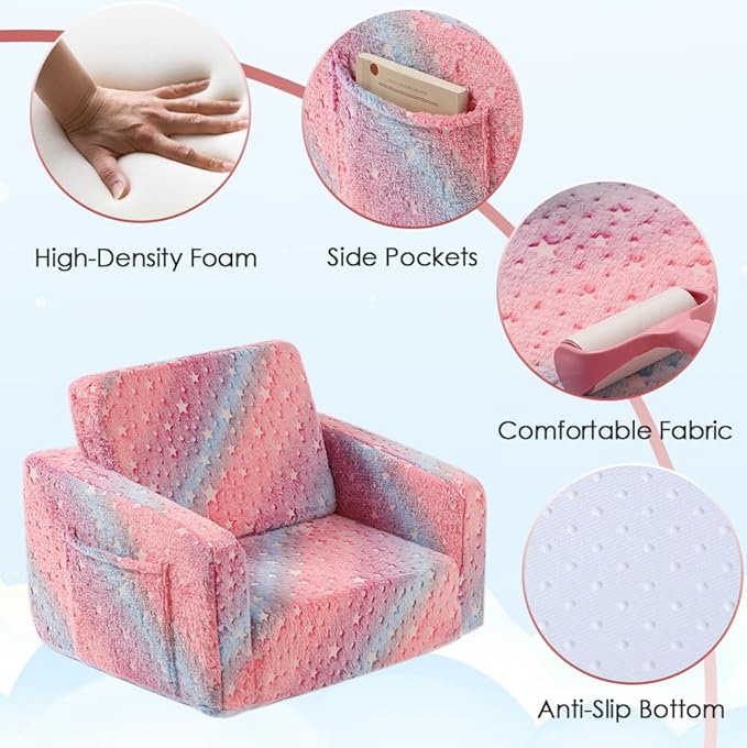 Furnishh Kids Sofa Couch Fold Out, Baby Toddler Comfy Soft Chair for Boys Girls, Flip Out Foldable Children 2 in 1 Convertible Sofa to Lounger, Folding Child Sleeper for Playroom, Pink Star
