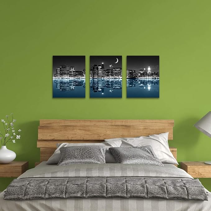 Wall Decor For Living Room Canvas Wall Art For Bedroom Black And White City Luminous Paintings Modern 3 Piece Framed Room Canvas Art Prints Ready To Hang Office Pictures For Home Decoration Artwork