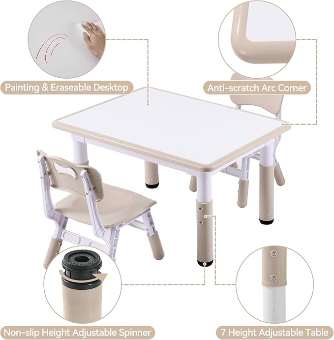 Kids Table and 2 Chairs Set, Height-Adjustable Toddler Table and Chair Set with Graffiti Desktop, 31.5''L x 23.6''W Children Activity Table for Daycare, Classroom, Home