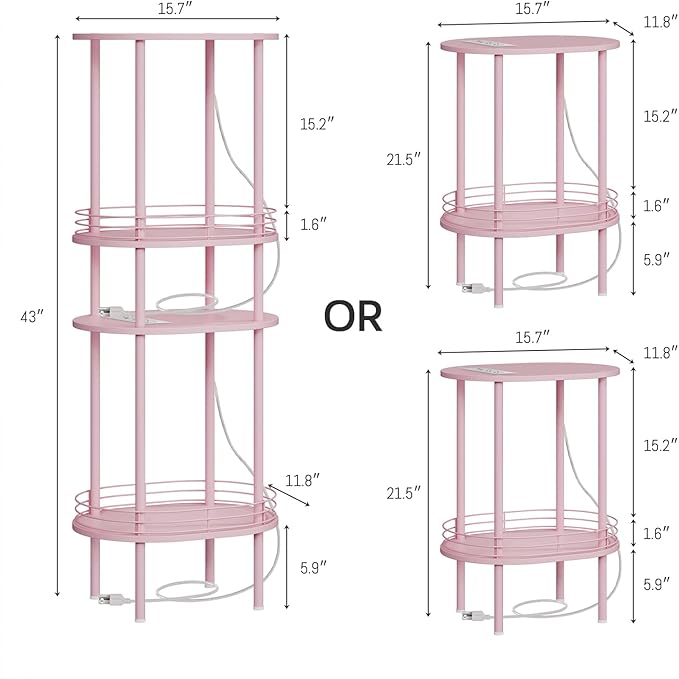 Small Round Side Table with Charging Station,Bedside Table with 2 USB Ports and Outlets, Morden Round Nightstand, Samll Side Table for Living Room,Bedroom, Nursery, Laundry, Pink