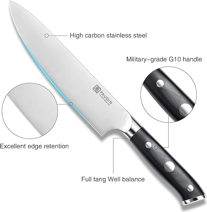 PAUDIN Chef Knife 8 Inch, Professional Kitchen Knife, 7Cr17MoV German Stainless Steel Forged Chefs Knife with Ergonomic G10 Handle, Classic Chef's Knife Meat Knife with Gift Box