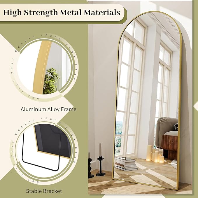 BEAUTYPEAK 65"x24" Arch Floor Mirror, Full Length Mirror Wall Mirrors Hanging or Leaning Arched-Top Full Body Mirror with Stand for Bedroom, Dressing Room, Gold