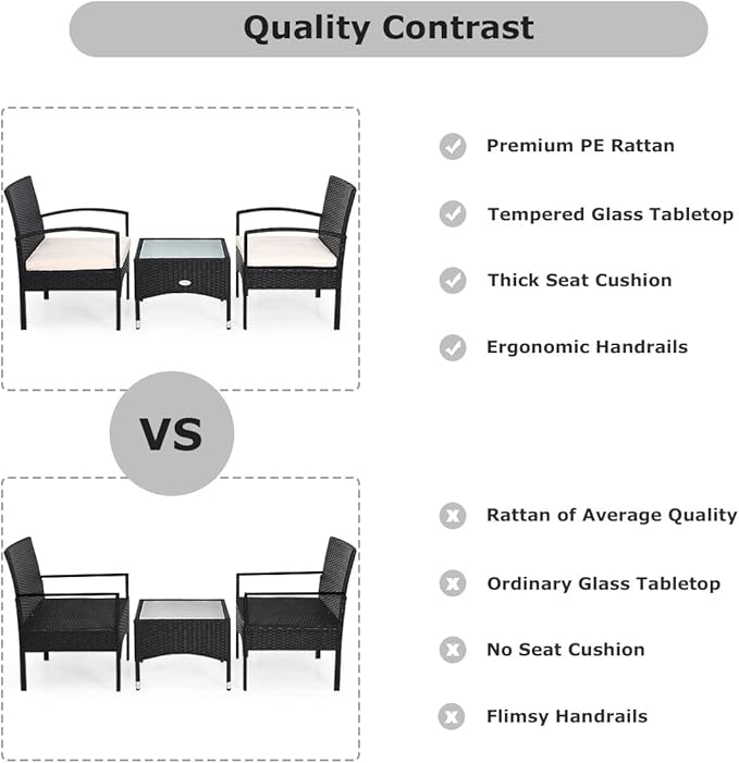 COSTWAY 3 PCS Patio Wicker Conversation Set, PE Rattan Sofa with Tempered Glass Coffee Table, 2 Chairs, 2 Cushions, Outdoor Patio Furniture Set for Yard Porch Bistro Balcony Backyard Pool, White