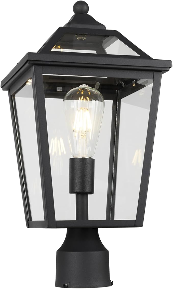 Colonial Outdoor Post Light Fixture, 8.5 Inch Large Modern Exterior Pillar Lantern with Black Finish & Clear Glass, Pole Light for Garden, Backyard, Courtyard, Patio, Pathway,RZ-033P BK-1