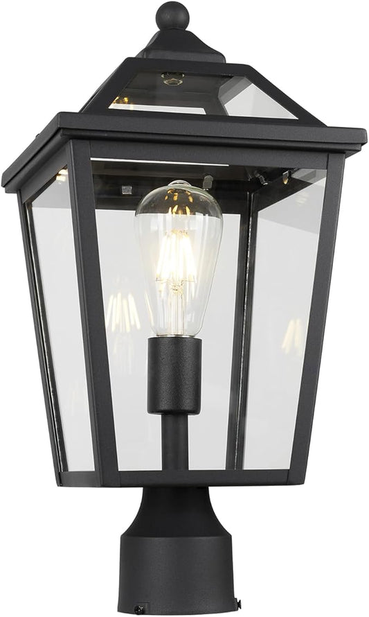 Colonial Outdoor Post Light Fixture, 8.5 Inch Large Modern Exterior Pillar Lantern with Black Finish & Clear Glass, Pole Light for Garden, Backyard, Courtyard, Patio, Pathway,RZ-033P BK-1