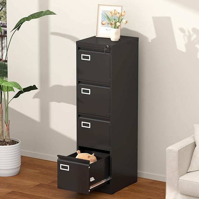 GREATMEET 4 Drawer File Cabinet with Lock, Small Metal File Cabinets for Home Office 4 Drawer, Black Vertical Filing Cabinets for Letter/Legal/A4/F4 Size File,Assembly Require