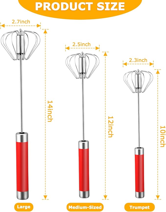 Stainless Steel Semi-automatic Whisk, 3 PCS Hand Push Rotary Whisk Blender for Making Cream, Whisking, Blending, Mixing, Whipping Smoothies & Shakes (10 &12 &14 Inch)