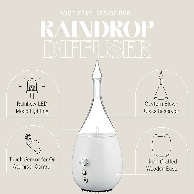 Raindrop 3.0 Nebulizing Diffuser for Essential Oil/Aromatherapy by Organic Aromas with Touch Sensor and MagConnect-Style Electrical Cord and Adapter. (White)