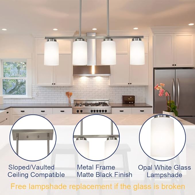 Brushed Nickel Kitchen Island Light, Farmhouse Pendant Light Fixtures with Opal White Glass Shades Modern Linear Ceiling Hanging Light for Living Room