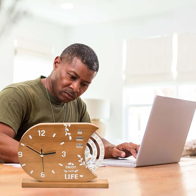 2-in-1 Wooden Analog Clock & Calendar - Silent No Ticking Desk Clocks Perpetual Calendar for Office, Bedroom, Study - Vintage Home Shelf Table Decor - Flip Date, Month & Day of The Week