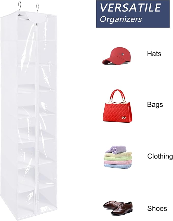 Libeder Hanging Closet Organizer, 8-Shelf Wardrobe Clothes Storage Organizer with Zipper,Hanging Shelves for Sweater,Shoes,Purse,Hats,White