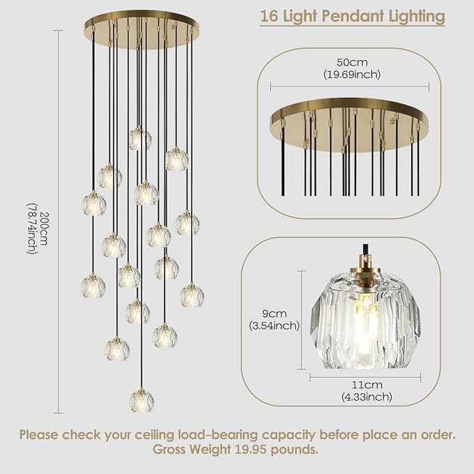 Foyer Crystal Chandelier, 16 Lights Brushed Brass High Ceiling Pendant Chandelier, Modern Cut Crystal Raindrop Entryway Lighting Fixture for Staircase
