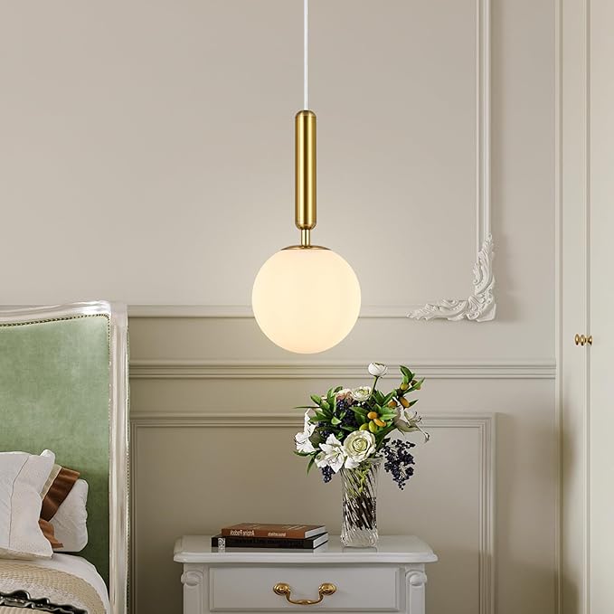Modern Hanging Light Fixture Pendant Lighting for Kitchen Island Mid Century Gold Pendant Lights with Globe Milky White Glass Pendant Light for Bedroom Bathroom Entryway (1 Pack)